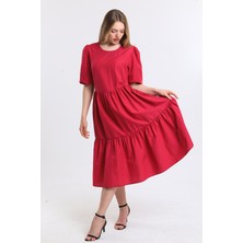 Sense Kısa Kollu Kol Ucu Lastikli Fırfırlı Günlük Elbise | ELB34255 Fuşya