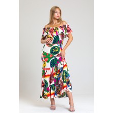 Sense Degaje Yaka Yakası Lastikli Dokuma Viskon Uzun Elbise | ELB34315 Bej Çiçekli