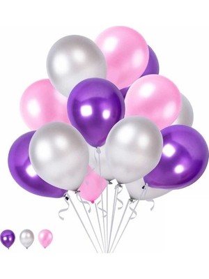 Tatlı Günler Happyland 10 Mor 10 Gümüş 10 Pembe Konsept Balonlar Metalik Parlak 30-35 cm