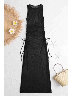 Alışveriş Express Tasarım Detaylı Tül Pareo Siyah Plaj Elbisesi