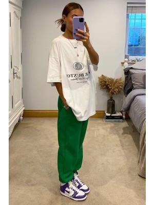 Madmext Beyaz Baskılı Oversize Tişört Mg1512