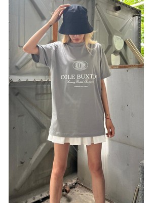 Madmext Boyalı Gri Baskılı Oversize Tişört Mg1512