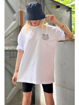 Madmext Beyaz Baskılı Oversize Tişört Mg1513