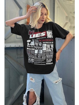 Madmext Siyah Arka Baskılı Over Fit Kadın Tişört Mg1506
