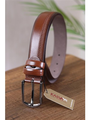 Kasva Deri 3.5 cm Taba Desenli Suni Klasik Kemer