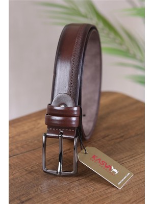 Kasva Deri 3.5 cm Kahve Desenli Suni Klasik Kemer