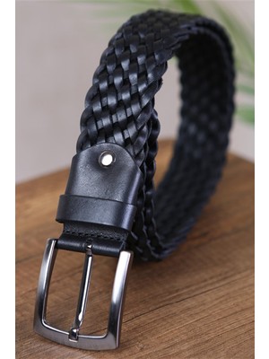 Kasva Deri 4 cm El Örgüsü Siyah Deri Kemer