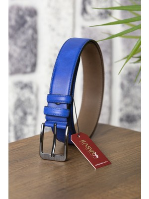 Kasva Deri 3.5 cm Saks Mavi Grayz  Deri Kemer