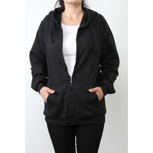Kadın Düz 2 Ip Şardonlu Fermuarlı Kapşonlu Oversize Sweat - Siyah