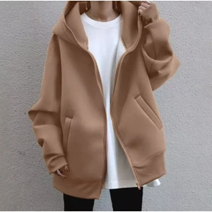 Amor Man Özel Tasarim Kapüşonlu Tam Fermuarli Kalin Kişlik %100 Pamuk Süper Oversize Kadin Sweatshirt