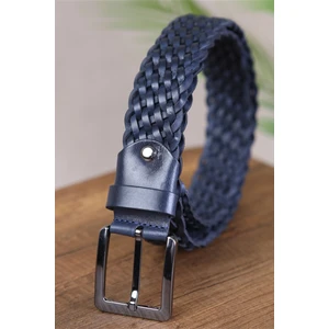 Kasva Deri 4 cm El Örgüsü Lacivert Deri Kemer