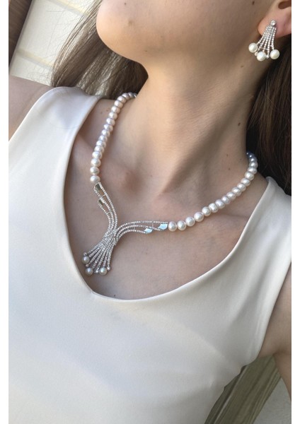 BIRINCI1926 925 Ayar Gümüş Kadın Taşlı Inci Kolye Küpe Ikili Set