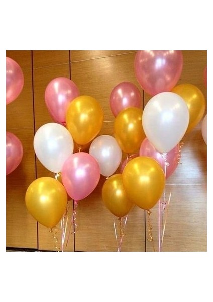 Partiniseç 30 Adet Metalik Sedefli (Gold-Şeker Pembe-Beyaz) Karışık Balon Helyumla Uçan