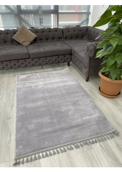 Yumuşacık Gri Örgü Saçaklı Poffy Peluş Dekoratif Halı