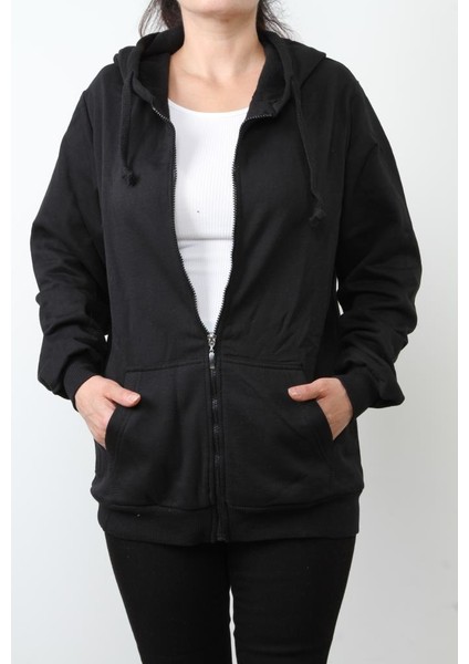 Kadın Düz 2 Ip Şardonlu Fermuarlı Kapşonlu Oversize Sweat - Siyah