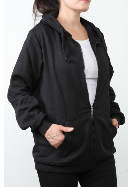 Kadın Düz 2 Ip Şardonlu Fermuarlı Kapşonlu Oversize Sweat - Siyah fiyatları