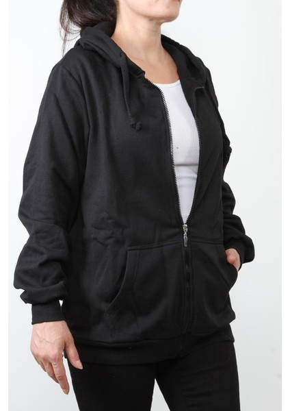 Kadın Düz 2 Ip Şardonlu Fermuarlı Kapşonlu Oversize Sweat - Siyah modelleri
