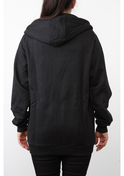 Kadın Düz 2 Ip Şardonlu Fermuarlı Kapşonlu Oversize Sweat - Siyah fırsatları