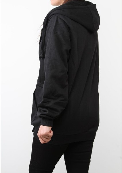Kadın Düz 2 Ip Şardonlu Fermuarlı Kapşonlu Oversize Sweat - Siyah indirimleri