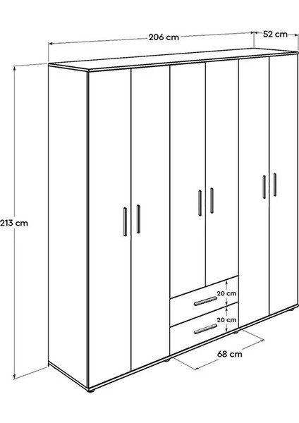 White 6 Kapı 2 Çekmece Gardırop