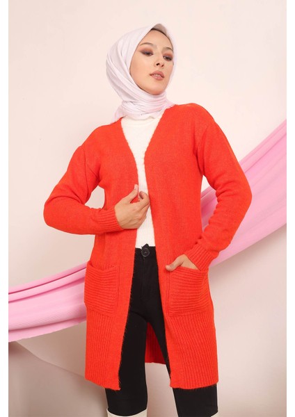 İmaj Butik Orange Kadın Modest Cepli Fitil Detaylı Tesettür Triko Hırka