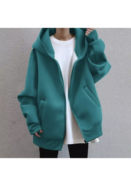 Özel Tasarim Kapüşonlu Tam Fermuarli Pamuk Süper Oversize Kalin Kişlik Kadin Sweatshirt