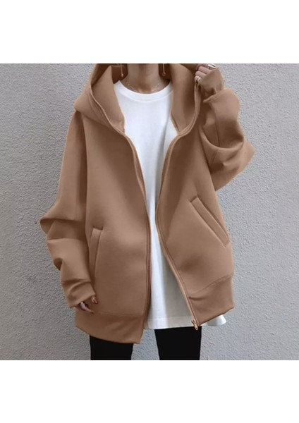 Özel Tasarim Kapüşonlu Tam Fermuarli Kalin Kişlik %100 Pamuk Süper Oversize Kadin Sweatshirt