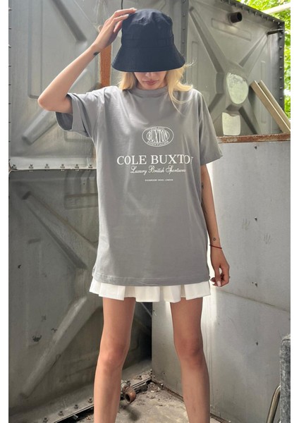 Boyalı Gri Baskılı Oversize Tişört Mg1512