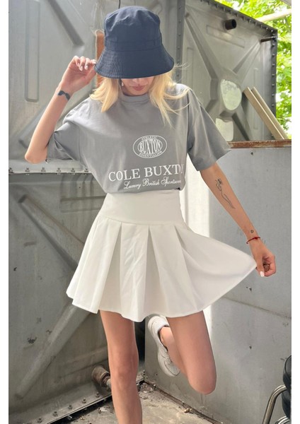 Boyalı Gri Baskılı Oversize Tişört Mg1512