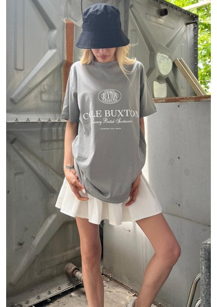 Boyalı Gri Baskılı Oversize Tişört Mg1512