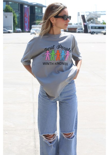 Boyalı Gri Baskılı Oversize Tişört Mg1523 fiyatları