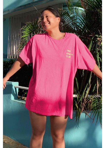 Pembe Baskılı Oversize Yuvarlak Yaka Kadın Tişört Mg1472