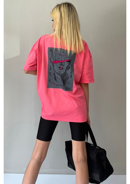 Pembe Baskılı Oversize Tişört Mg1491