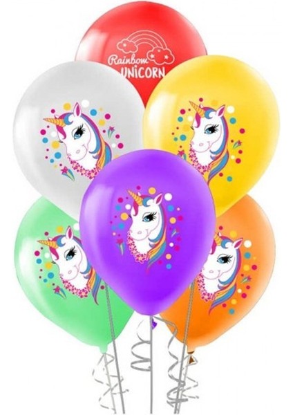 TUN6487 Balonevi, Kalpli Unicorn, 12'' Baskılı Pastel Balon 100'LÜ Paket