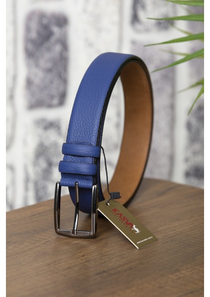 3.5 cm Mavi Deri Kemer