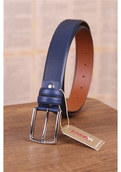 3.5 cm Lacivert Desenli Deri Kemer