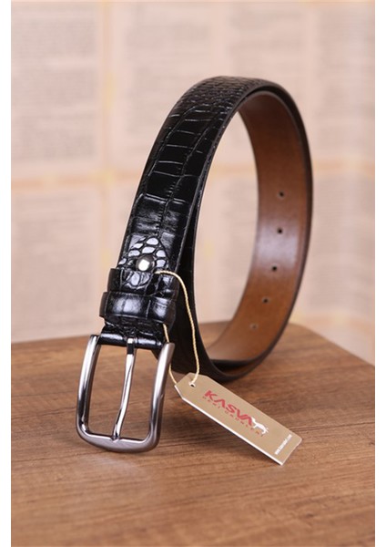 3.5 cm Siyah Krokodil Deri Kemer