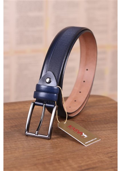 3.5 cm Lacivert Desenli Deri Kemer