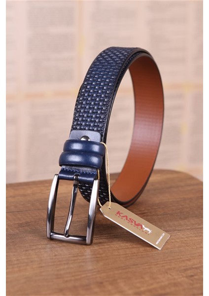 3.5 cm Lacivert Desenli Deri Kemer
