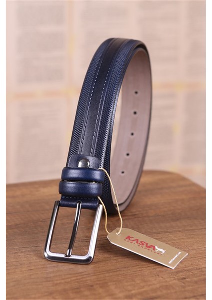 3.5 cm Lacivert Desenli Deri Kemer