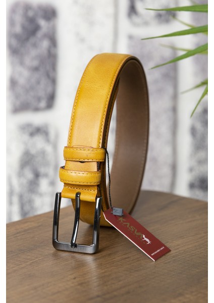 3.5 cm Hardal Sarısı Grayz Deri Kemer