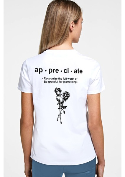 Iki Gül Beyaz Kısa Kollu Ön ve Arka Baskılı Kadın T-Shirt