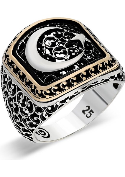 925 Ayar Gümüş Ay Yıldız Motifli Telkari Tasarım Erkek Yüzük