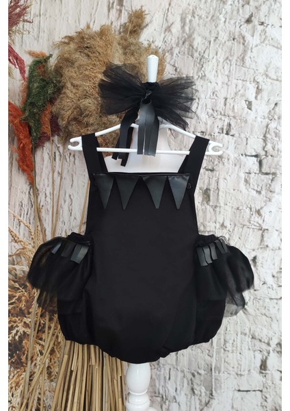 Cadılar Bayramı Siyah Deri Detaylı Bebek Kız Tulum ve Bandana