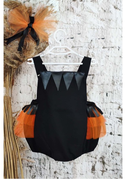 Cadılar Bayramı Siyah Deri Detaylı Bebek Kız Tulum ve Bandana