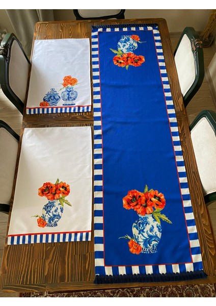 Lacivert Çini Vazo Desen 45 x 150 cm Runner ve Çini Vazokırmızı Çiçek Desen 2 Adet Mutfak Havlusu Takım