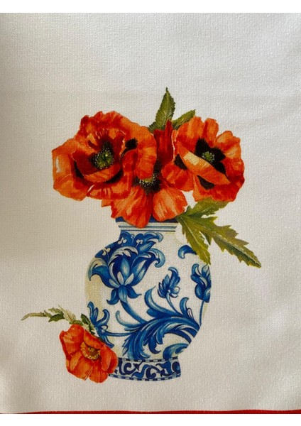 Lacivert Çini Vazo Desen 45 x 150 cm Runner ve Çini Vazokırmızı Çiçek Desen 2 Adet Mutfak Havlusu Takım