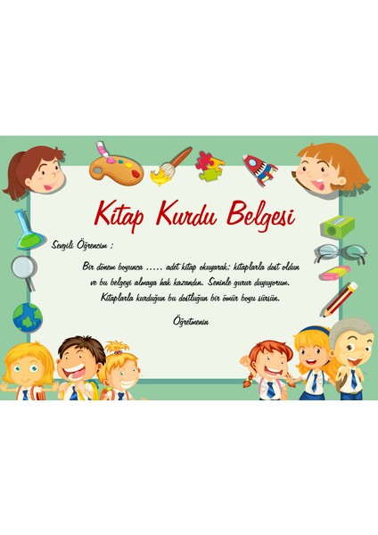 Okullar Için Kitap Kurdu Belgesi(A4 - 12 Ad)