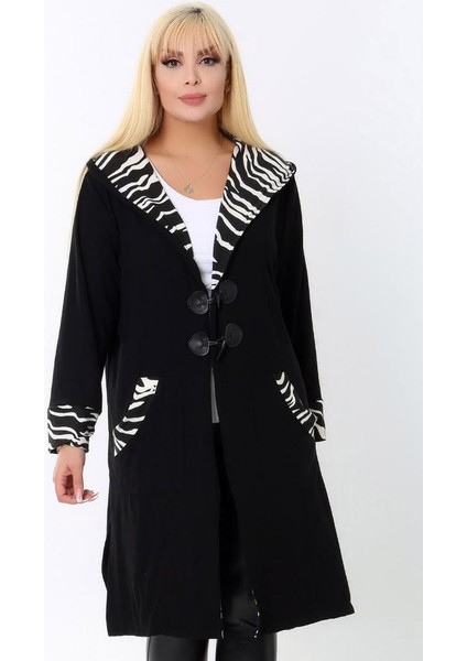 Kapüşonlu Cep Kol Ucu ve Kapüşonu Zebra Desenli Devrik Yaka Cepli Uzun Hırka