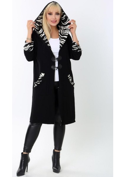 Kapüşonlu Cep Kol Ucu ve Kapüşonu Zebra Desenli Devrik Yaka Cepli Uzun Hırka fiyatları